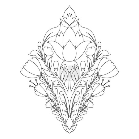 Illustration for Vector contour folk art illustration with floral rhombus composition on white background. Botanical outline clipart with decorative flower. Monochrome postcard with symmetrical plant for coloring page - Royalty Free Image