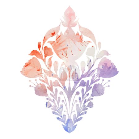 Illustration for Vector watercolor silhouette folk art floral rhombus composition with splashes and sprays on white background. Botanical print clipart with decorative flower. Dye paint postcard with symmetrical plant - Royalty Free Image