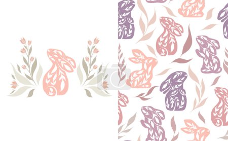 Illustration for Set of vector seamless Easter pattern and card with decorated rabbits and flowers. Collection with nursery texture and illustration with folk art bunnies in pastel colors. Holiday backdrop with hares - Royalty Free Image