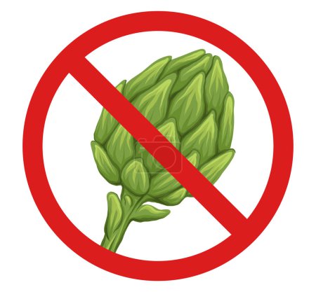 Illustration for Vector circle forbidden sign with hand drawn artichokes isolated from background. Allergy danger. Red prohibited sticker with cabbage healthy vegetables. Food clipart in ban. - Royalty Free Image