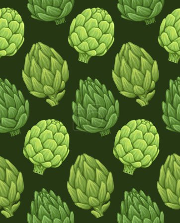 Illustration for Vector seamless pattern with hand drawn artichokes on dark background. Texture with cartoon healthy vegetables. Natural healthy food background for wallpaper and fabric. - Royalty Free Image