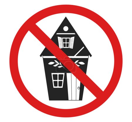 Téléchargez les illustrations : Panneau d'interdiction vectorielle avec silhouette de la maison. Danger d'effondrement du bâtiment. La maison ne peut pas être louée. Ne détruisez pas la maison. Autocollant interdit - en licence libre de droit