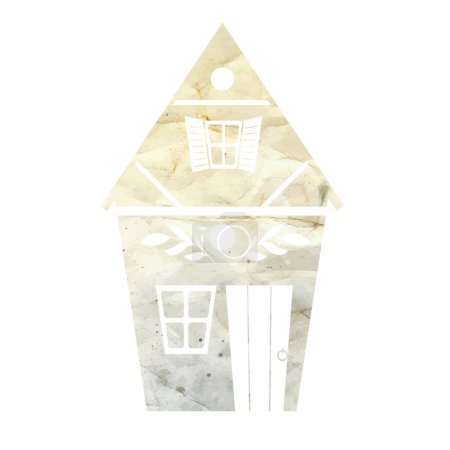 Ilustración de Silueta vectorial de una casa de campo con un antiguo fondo de papel arrugado. Arquitectura del centro. Casa de acuarela. Esquema de imagen de un edificio suburbano con logotipo comercial, icono - Imagen libre de derechos