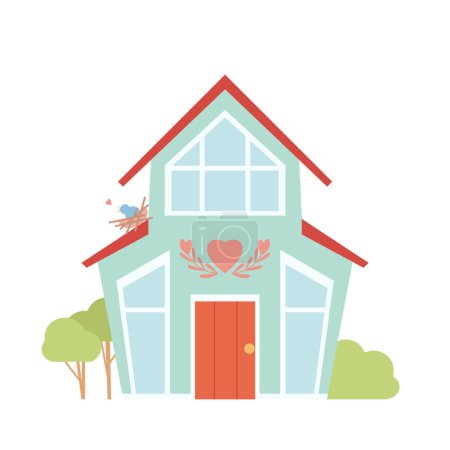 Illustration for Cute country house with a nest with a bird in pastel color. Family love. Vector flat illustration of a rural house. House for sale and rent. - Royalty Free Image