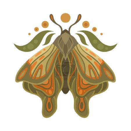 Illustration for Vector sacred illustration of a moth with the moon. colorful butterfly clipart. Flat picture of a flying insect for postcards, sublimation and stickers. - Royalty Free Image