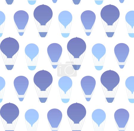 Illustration for Vector seamless pattern with blue silhouettes of hot air balloons on a white background. Texture with vintage aerial flight aids. Background for fabrics and wallpapers - Royalty Free Image