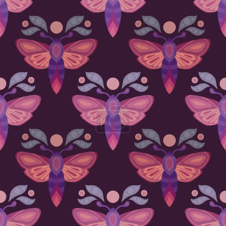 Illustration for Vector neon sacred seamless pattern with moths and moons on dark violet background. Colorful texture with butterflies and moles. Flat mystical background of a flying insect for wallpaper and fabric - Royalty Free Image