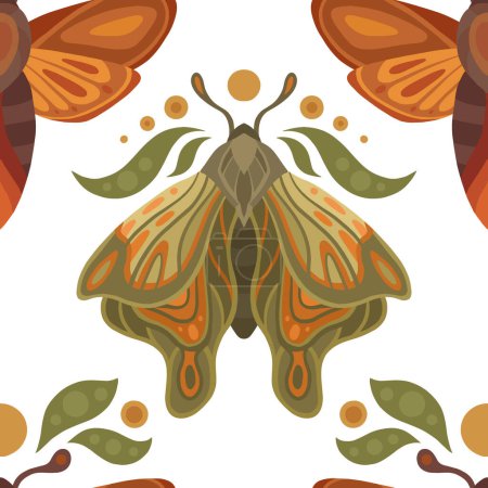 Téléchargez les illustrations : Motif vectoriel mystique sans couture avec des papillons de nuit, des feuilles et des lunes sur fond blanc. Texture douce et colorée avec des papillons. Fond sacré plat d'un insecte volant pour papier peint et tissu - en licence libre de droit