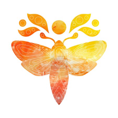 Illustration for Vector silhouette of sacred orange watercolor moth with moon. Dye colorful outline butterfly clipart. Tracery paint picture of a flying insect for logo, stickers. mole icons - Royalty Free Image