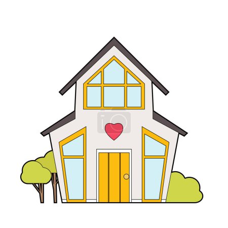 Illustration for Vector colorful contour illustration of a cute country house. Dollhouse front view. Rental and sale of housing. Outline picture of a suburban building with cute decorations and bushes. - Royalty Free Image