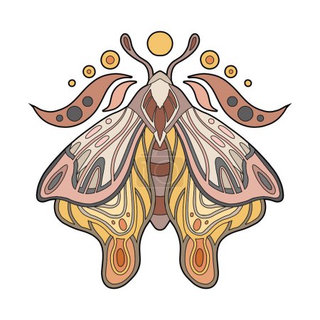 Illustration for Vector sacred illustration of colorful contour moth with the moon. Color outline butterfly clipart. Line art tracery picture of a flying insect for postcards, sublimation, stickers and banner - Royalty Free Image
