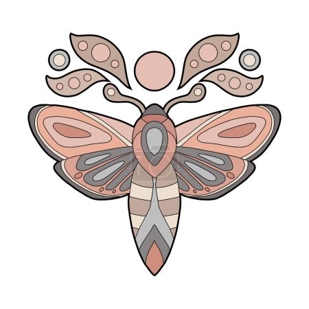 Illustration for Vector entomology clipart of colorful contour moth with the moon. Color outline butterfly illustration. Line art tracery picture of a flying insect for postcards, sublimation, stickers and banner - Royalty Free Image