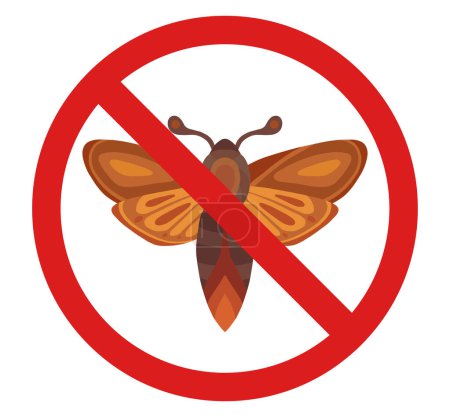 Illustration for Vector prohibited badge with moth. Forbidden sticker butterfly clipart. Danger to be bite. Poisonous flying insect in ban. - Royalty Free Image