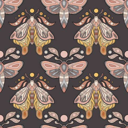 Illustration for Vector mystical seamless pattern with colorful contour mothes with the moon and leaves on dark backdrop. Texture with color outline butterflies. Line art tracery background with insect for fabric - Royalty Free Image