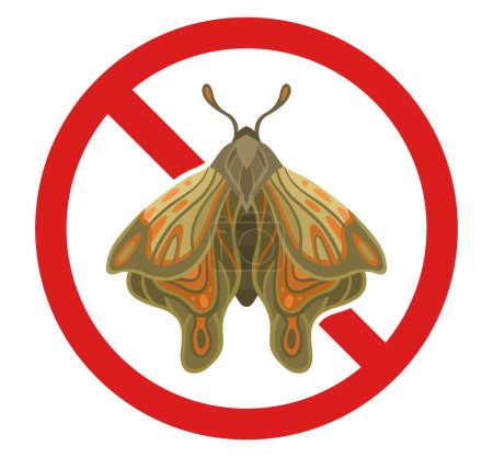 Téléchargez les illustrations : Vecteur interdit badge avec papillon de nuit pour pesticide et répulsif. Autocollant interdit papillon clipart. Danger d'être mordu. Insecte volante toxique en interdiction. - en licence libre de droit
