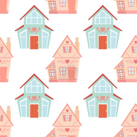 Illustration for Vector seamless pattern with a cute country houses on white background. Texture with dollhouse with cute decorations front view for fabric. Architectural wallpaper - Royalty Free Image