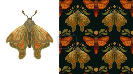 Illustration for Vector set of mystical seamless pattern and card with moths, leaves and moons. Collection of illustration and texture with butterflies. Flat sacred background and image of a flying insect - Royalty Free Image