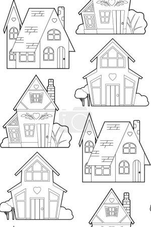 Illustration for Vector seamless pattern with a contour country houses on white background. Monochrome texture with outline dollhouse with front view for fabric. Line art architectural wallpaper - Royalty Free Image
