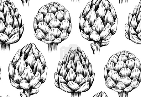 Illustration for Vector monochrome pattern with a sketch of artichokes in row on a white background. Texture with drawn vegetables with hatching. Background with healthy food for tablecloths and napkins - Royalty Free Image