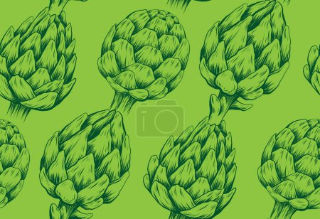 Illustration for Vector seamless pattern with diagonal hand drawn artichokes on green background. Texture with sketch of cabbage healthy vegetables with hatching. Monochrome natural food background for wallpaper - Royalty Free Image
