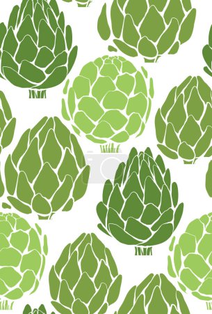 Illustration for Vector seamless pattern with green silhouette of artichokes on white background. Texture with simple cabbage healthy vegetables. Natural healthy food background for wallpaper and fabric. - Royalty Free Image