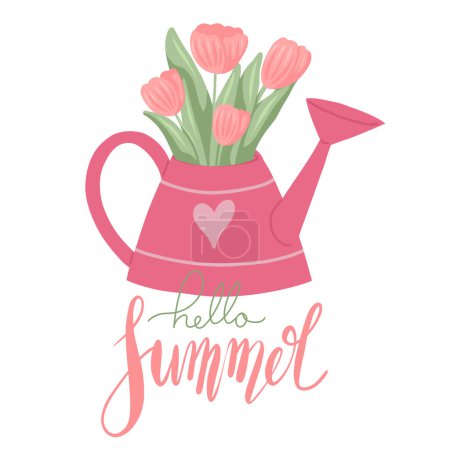 Illustration for Vector card with flat hand drawn illustration of a garden watering can and tulips bouquet with lettering. Slogan hello summer. Floral romantic postcard with quote - Royalty Free Image