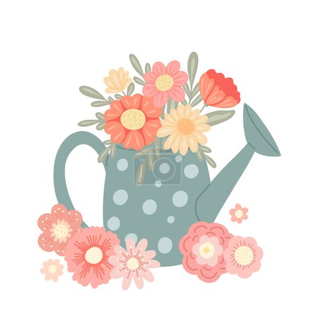 Illustration for Vector cute illustration of a watering can with a bouquet of flowers isolated from the background. Romantic clipart with original vase and wildflowers. Flat flower picture. Spring and summer gardening - Royalty Free Image