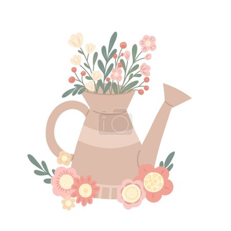 Illustration for Vector summer card with flat hand drawn illustration of a garden watering can and bouquet of berries, flowers and leaves. Floral clipart in pastel color. Romantic picture with original vase - Royalty Free Image