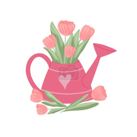 Illustration for Vector illustration of a watering can with tulips isolated from the background. Summer romantic picture with flower bouquets in a metal vase. Gardening clipart for stickers and sublimation - Royalty Free Image