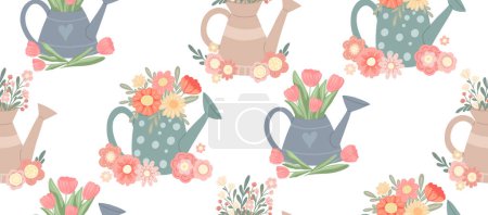 Illustration for Vector, seamless pattern with watering cans with tulips and wildflowers on white background. Summer romantic texture with floral bouquets in vases. Gardening background for wrapping paper and fabric - Royalty Free Image