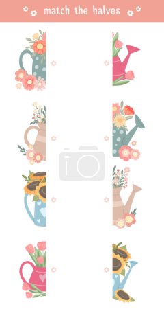 Illustration for Find right half for various watering cans with bouquets of flowers. Vector worksheet template for preschool lessons. Match the halves. Children educational game template. - Royalty Free Image