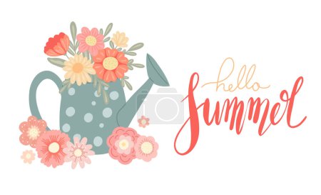 Illustration for Slogan hello summer. Vector horizontal card with flat hand drawn illustration of a garden watering can and lush poppies bouquet with lettering. Gardening postcard. Floral banner with quote - Royalty Free Image