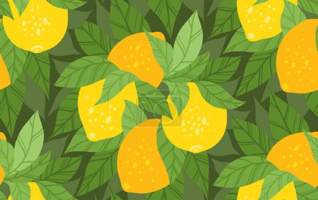 Illustration for Vector seamless pattern with lush bushes of lemons with foliage on green background. Texture with thickets of hand drawn flat citrus fruits with leaves. Background for fabric and wallpaper - Royalty Free Image