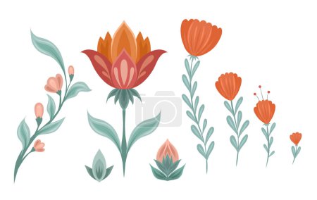 Illustration for Vector folk art set of flowers isolated from the background. Floral geometric collection. Natural elements for postcards, stickers and your design - Royalty Free Image