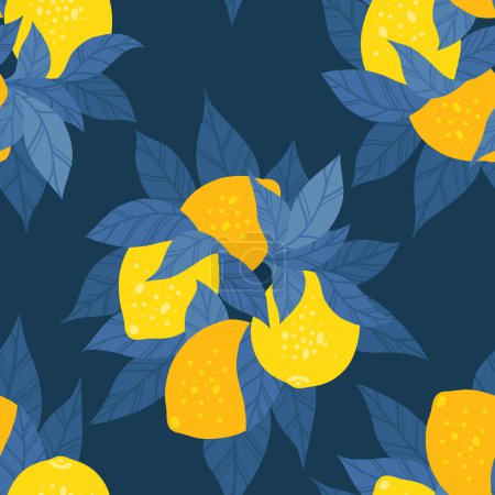 Illustration for Vector modern seamless pattern with bunch of lemons with blue foliage on dark blue background. Texture with bush of hand drawn flat citrus fruits with leaves. Background for fabric and wallpaper - Royalty Free Image