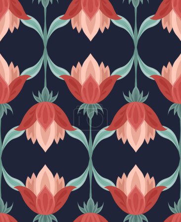 Illustration for Vector seamless pattern with geometric red flowers on a dark background. Floral folk art texture. Rustic background for fabrics, wallpapers, wrapping paper - Royalty Free Image