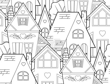 Illustration for Seamless vector pattern with contour country houses. Monochrome architectural texture with drawings of homes for scrap paper and wallpaper. - Royalty Free Image