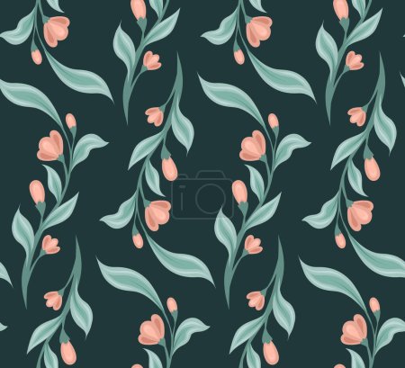 Illustration for Rustic floral vector pattern. Seamless flat texture with hand-drawn stems and flowers on a dark background for fabrics, curtains and tablecloths. - Royalty Free Image