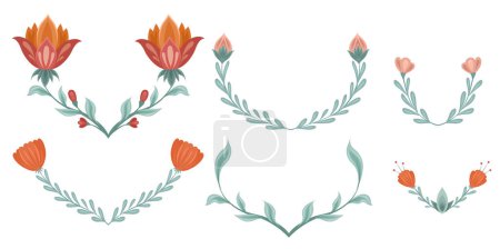 Illustration for Vector set of folk art floral frames. Collection of wreaths of flowers and stems isolated from the background. Natural design elements for invitations, postcards and your creativity - Royalty Free Image