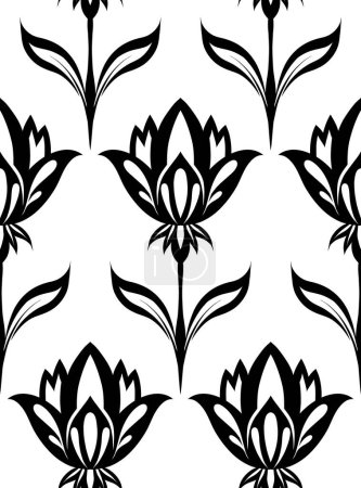 Ilustración de Patrón vectorial simple con siluetas negras flores geométricas decorativas sobre fondo blanco. Textura floral monocromática de arte popular. Fondo para cortinas, manteles y ropa - Imagen libre de derechos