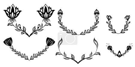 Illustration for Vector monochrome set of folk art floral frames. Collection of black silhouettes wreaths of flowers and stems isolated from the background. Natural design elements for invitations, postcards - Royalty Free Image