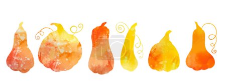 Téléchargez les illustrations : Ensemble vectoriel de silhouettes aquarelles orange de citrouilles isolées de l'arrière-plan. Colorant éclaboussures légumes pour les logos et les icônes. Thanksgiving et Halloween. Récolte d'automne. - en licence libre de droit
