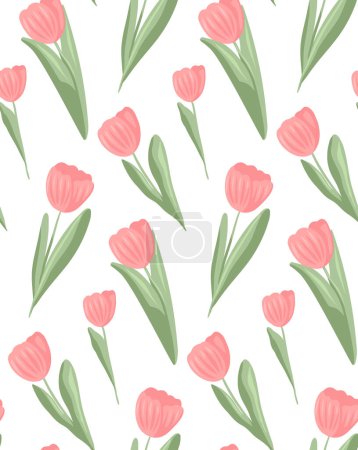 Illustration for Delicate vector pattern with pink tulips on a white background. Feminine spring floral texture in pastel colors for fabrics and wrapping paper. - Royalty Free Image
