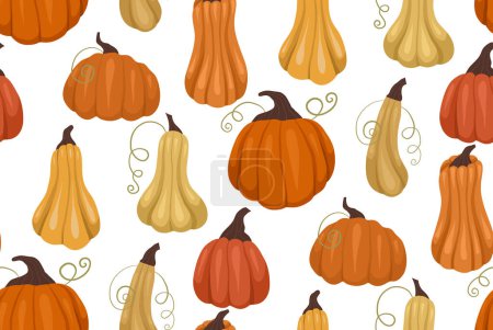 Illustration for Simple texture with cozy vegetables. Vector seamless garderning pattern with orange and yellow pumpkins on a white background. Autumn background for fabrics, wrapping paper and wallpaper - Royalty Free Image
