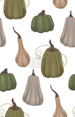 Illustration for Vector seamless pattern with gray and green pumpkins on a white background. Simple texture with cozy vegetables. Autumn background for fabrics, wrapping paper and wallpaper - Royalty Free Image