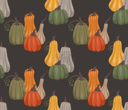 Illustration for Rustic vector pattern with composition of pumpkins on a dark gray background. Rural background with gourds for wrapping paper, tablecloths and your creativity. Autumn cozy texture with vegetables. - Royalty Free Image
