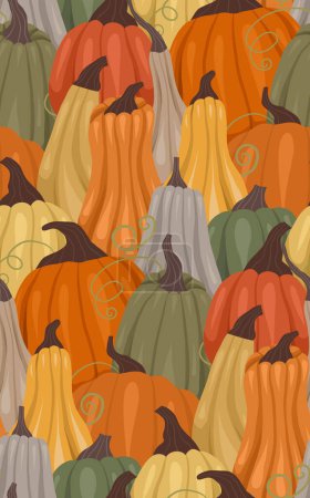 Illustration for Autumn dense seamless pattern with pumpkins. Vector texture with vegetables. Harvesting. Farm background for wrapping paper, fabrics and wallpaper - Royalty Free Image