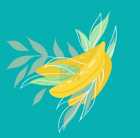 Téléchargez les illustrations : Illustration vectorielle plate d'un bouquet de bananes et de feuillage sur fond turquoise. Fruits tropicaux juteux avec feuilles pour cartes postales, menus et recettes - en licence libre de droit