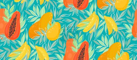 Illustration for Surface design with food. Vector summer texture with mango, papaya, bananas and lush foliage. Tropical pattern with fruits and leaves on a turquoise background. Fashionable surface for wallpapers - Royalty Free Image