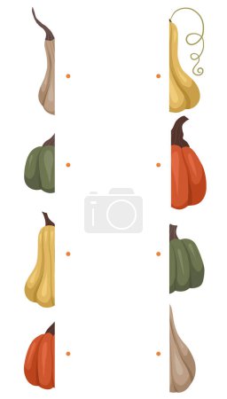 Photo for Find right half for various autumn pumpkins. Vector worksheet template for preschool lessons. Children educational gardening game template. Match the halves. - Royalty Free Image